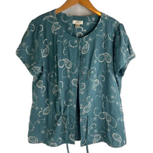 Christopher & Banks Teal Embroidered Button Front Drawstring Waist Top Sz LG‎
